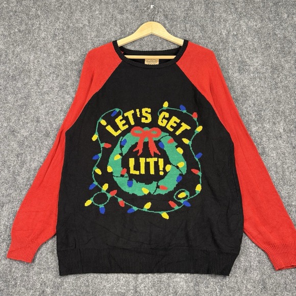 Roebuck & Co Ugly Christmas Sweater Men's XL Black Red Let's Get Lit Lights - Picture 1 of 5